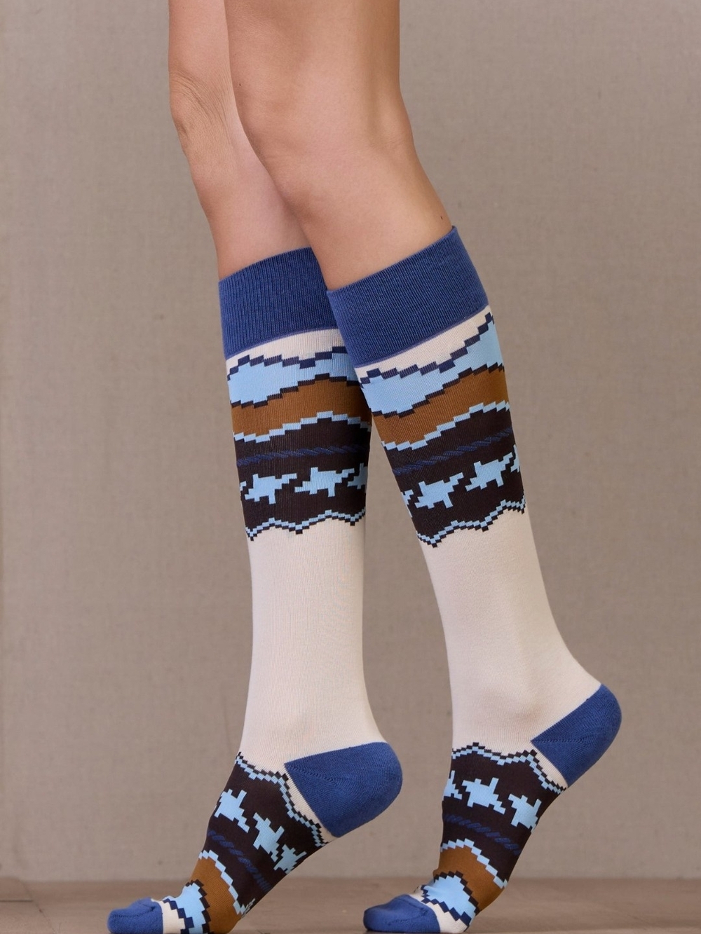 Double D Ranch Blue, Brown & Cream Patterned Knee-High Socks